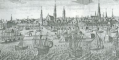 Le port d'Amsterdam au début du XVIIe siècle (gravure)