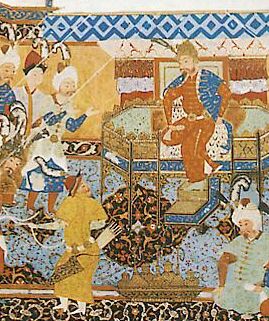  < Bajazet s'humilie devant Tamerlan (manuscrit persan, XVIe siècle, British Museum) >