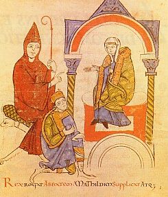  < Grégoire VII, Henri IV et Mathilde à Canossa  (enluminure de 1114, Rome) >