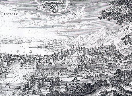 Genève à la fin  du  XVIe siècle, par Matthieu  Mérian (1642), d'après ClaudeChastillon