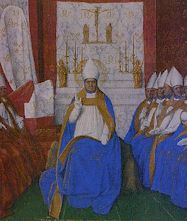 Saint  Hilaire au concile du pape Léon, par Jean Fouquet (vers 1455), enluminure du musée de Chantilly