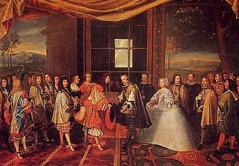  < Rencontre de Louis XIV et de Philippe IV à l'occasion du traité (tableau de Laumosnier) >