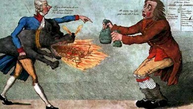 William Pitt the Younger pressure ses compatriotes avec l'impôt sur le revenu (caricature britannique de 1799)