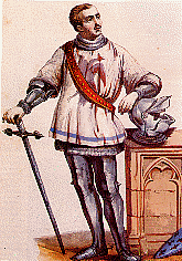 Bertrand du Gusclin en tenue de guerre : il porte sur sa cotte ses armes personnelles (d'argent à un aigle à deux têtes de sable) mais l'épée qu'il tient et l'écu posé à ses pieds portent les fleurs de lys du connétable de France (Collection JL Charmet. Coll. Viollet)