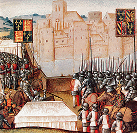 Miniature extraite des "Chroniques d'Angleterre de Jean de Wavrin (XVe sièvle) : affrontement des armées anglaise et française