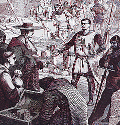 Du Guesclin à la tête des "compagnies" qu'il s'est engagé à conduire en Espagne : le pape Urbain V leur fait remettre son absolution et... 200 000 livres. (Collection  : Viollet)