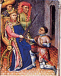 Le 2 octobre 1370, Charles V remet à Bertrand du Guesclin l'épée de connétable de France. (Miniature du XVe siècle. Bibliothèque Sainte-Geneviève)