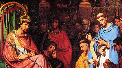 Charlemagne recoit le théologien anglo-saxon Alcuin, chef d'école du Palais