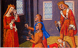 Devant Clotilde qui pleure, Clotaire Ier tue ses neveux Théobald et Gonthaire (manuscrit du XVe S.) Chroniqur de France. B.N., Paris