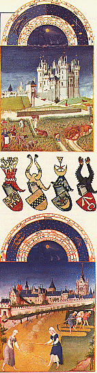 Deux miniatures peintes par les frères Limbourg au XVe siècle et tirées du livre de prière - appelé "Livre d'heures" - du duc de Berry. Au centre, heaumes à cimiers et écus aux emblèmes de seigneurs.