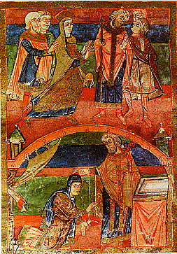 Miniature extraite du manuscrit sur la vie de sainte radegonde (Poitou, 11e siècle, bibliothèque municipale de Poitiers)