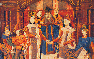 Mariage du roi Sigebert 1er avec Brunehaut (manuscrit du XVe s.) Grandes chroniques, B.N., Paris