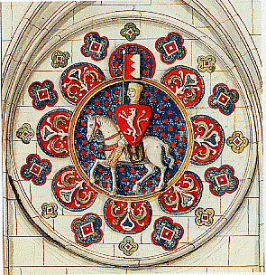 Simon de Montfort en tenue de chevalier ; aquarelle d'aprè un vitrail de Chartres.