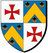 Ecartelé : au premier et au quatrième d'argent à la croix pattée et alésée de gueules, au deuxième et au troisième d'azur au chevron d'or accompagné de trois coquilles du même