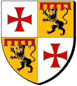 Ecartelé : au premier et au quatrième d'argent à la croix pattée et alésée de gueules, au deuxième et au troisième d'or au lion de sable brisé d'un lambel de cinq pendants de gueules brochant sur le tout