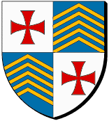 Ecartelé : au premier et au quatrième d'argent à la croix pattée et alésée de gueules, au deuxième et au troisième d'azur aux cinq chevrons d'or