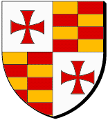 Ecartelé : au premier et au quatrième d'argent à la croix pattée et alésée de gueules, au deuxième et au troisième contre-fascé d'or et de gueules de quatre pièces