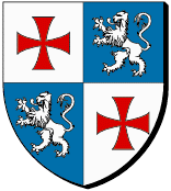 Ecartelé : au premier et au quatrième d'argent à la croix pattée et alésée de gueules, au deuxième et au troisième d'azur au lion d'argent