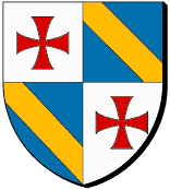 Ecartelé : au premier et au quatrième d'argent à la croix pattée et alésée de gueules, au deuxième et au troisième d'azur à la bande d'or