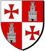 Ecartelé : au premier et au quatrième d'argent à la croix pattée et alésée de gueules, au deuxième et au troisième de gueules à la tour donjonnée de deux pièces d'argent, ouverte, ajourée et maçonnée de sable