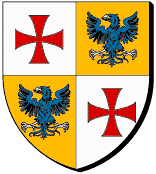 Ecartelé : au premier et au quatrième d'argent à la croix pattée et alésée de gueules, au deuxième et au troisième d'or à l'aigle d'azur, becquée, membrée et lampassée d'argent