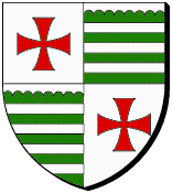 Ecartelé : au premier et au quatrième d'argent à la croix pattée et alésée de gueules, au deuxième et au troisième de sinople aux trois fasces d'argent et à l'engrelure du même en chef
