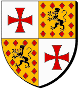 Ecartelé : au premier et au quatrième d'argent à la croix pattée et alésée de gueules, au deuxième et au troisième d'or aux douze losanges de gueules ordonnés en orle et au lion de sable couronné aussi de gueules