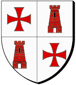 Ecartelé : au premier et au quatrième d'argent à la croix pattée et alésée de gueules, au deuxième et au troisième à la tour de gueules, ouverte du champ, ajourée et maçonnée de sable